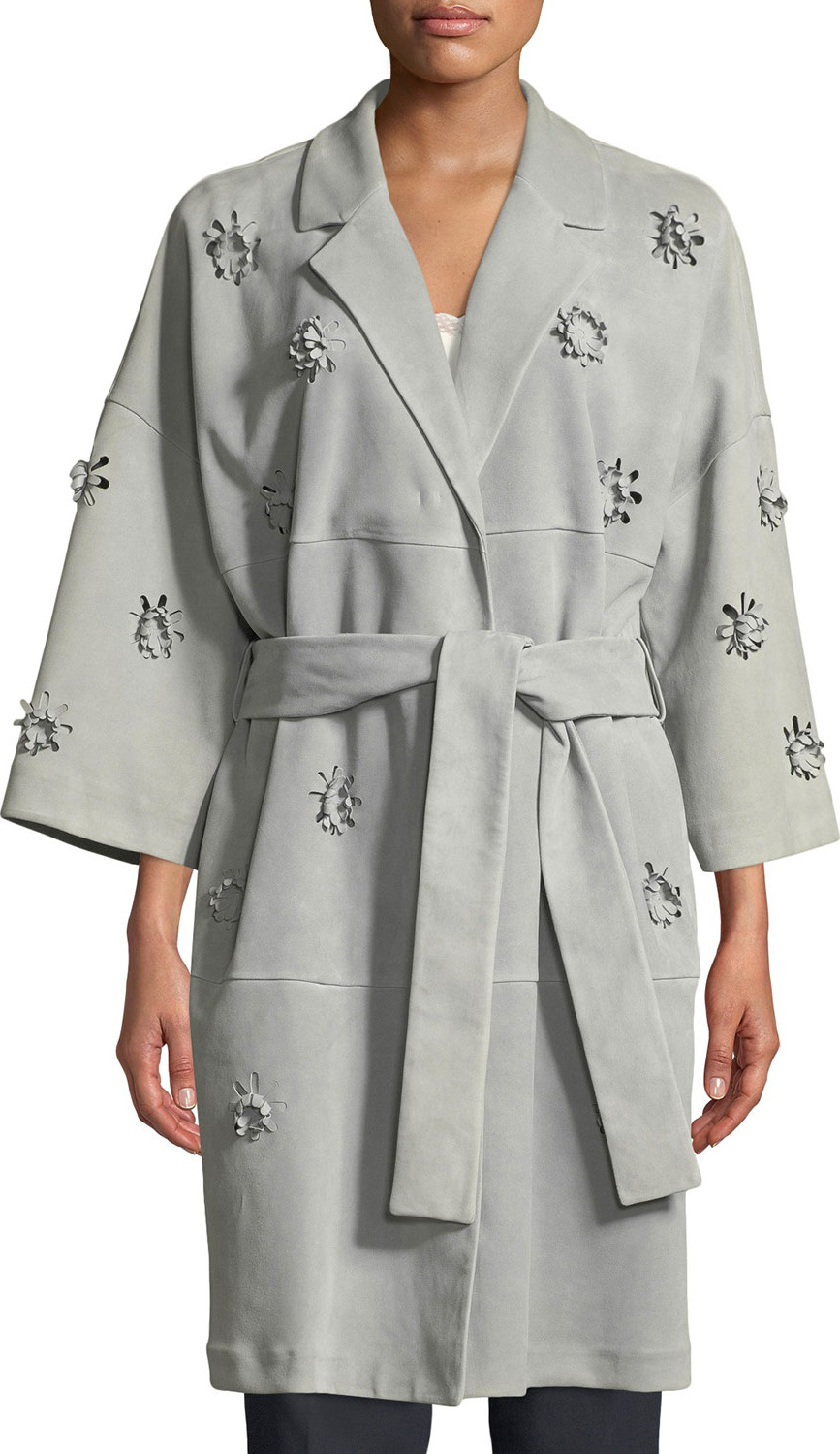 Escada 3-D Floral Belted Suede Trench Coat