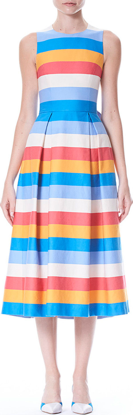 Carolina Herrera Back-Bow Tie Sleeveless Multi-Stripe A-Line Dress