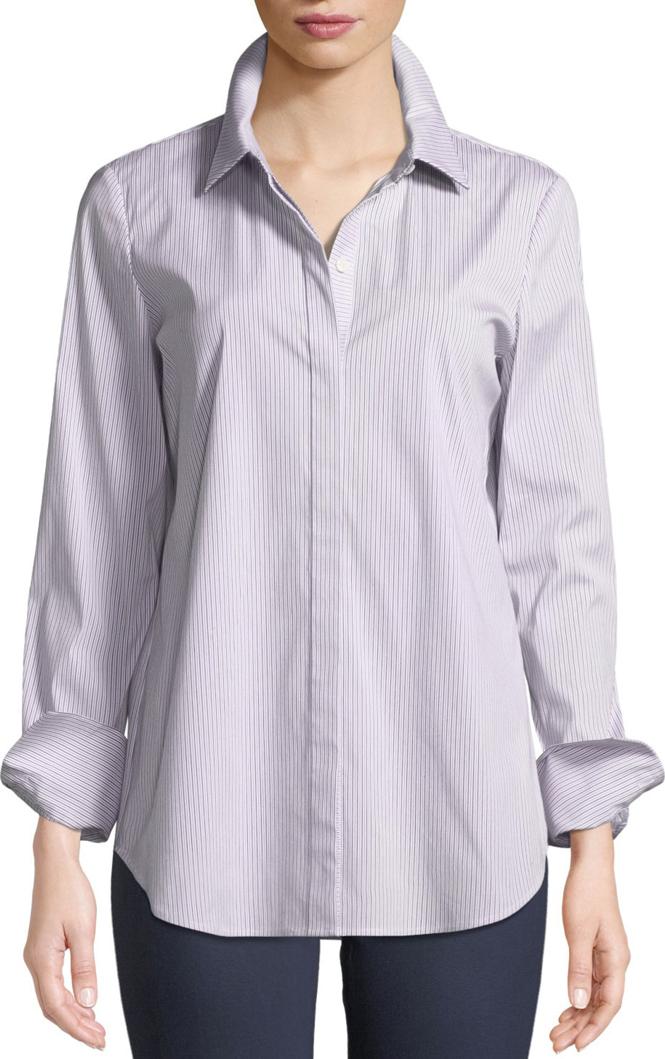 Lafayette 148 New York Scottie Button-Front Long-Sleeve Coy Striped Blouse