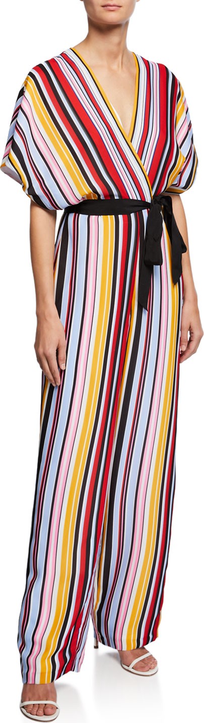 Aidan by Aidan Mattox Striped Dolman-Sleeve Belted Jumpsuit