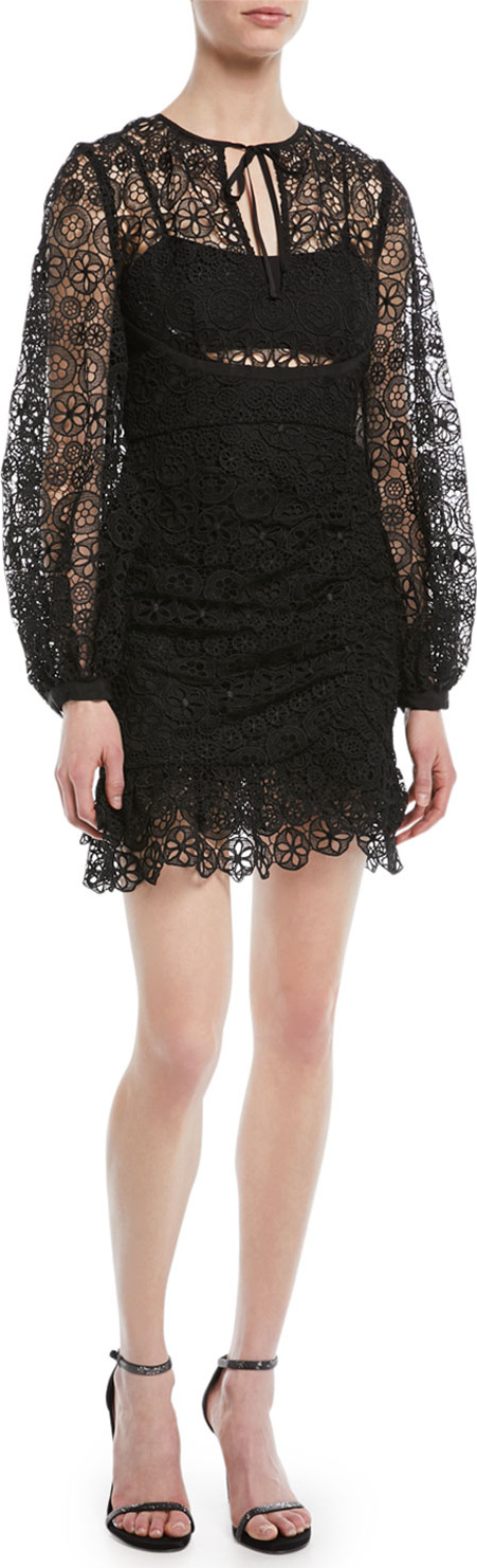 Self Portrait Long-Sleeve Circle Floral Lace Mini Cocktail Dress