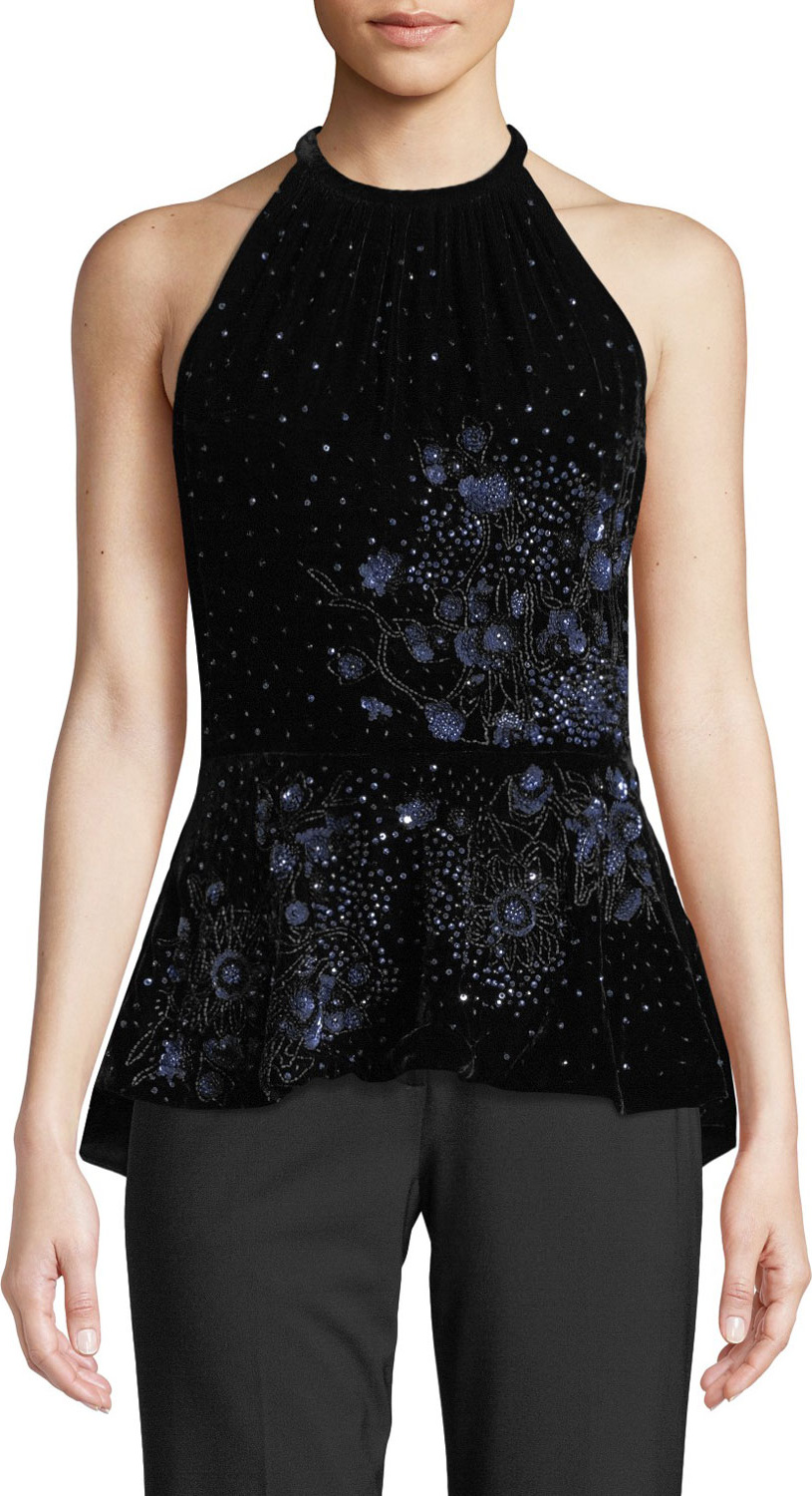 Elie Tahari Isabeth Floral-Beaded Embellished Velvet Halter Top Elie Tahari Isabeth Floral-Beaded Embellished Velvet Halter Top