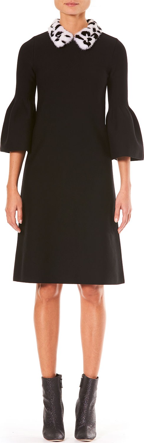 Carolina Herrera Bell-Sleeve A-Line Stretch-Wool Knit Dress w/ Fur Collar