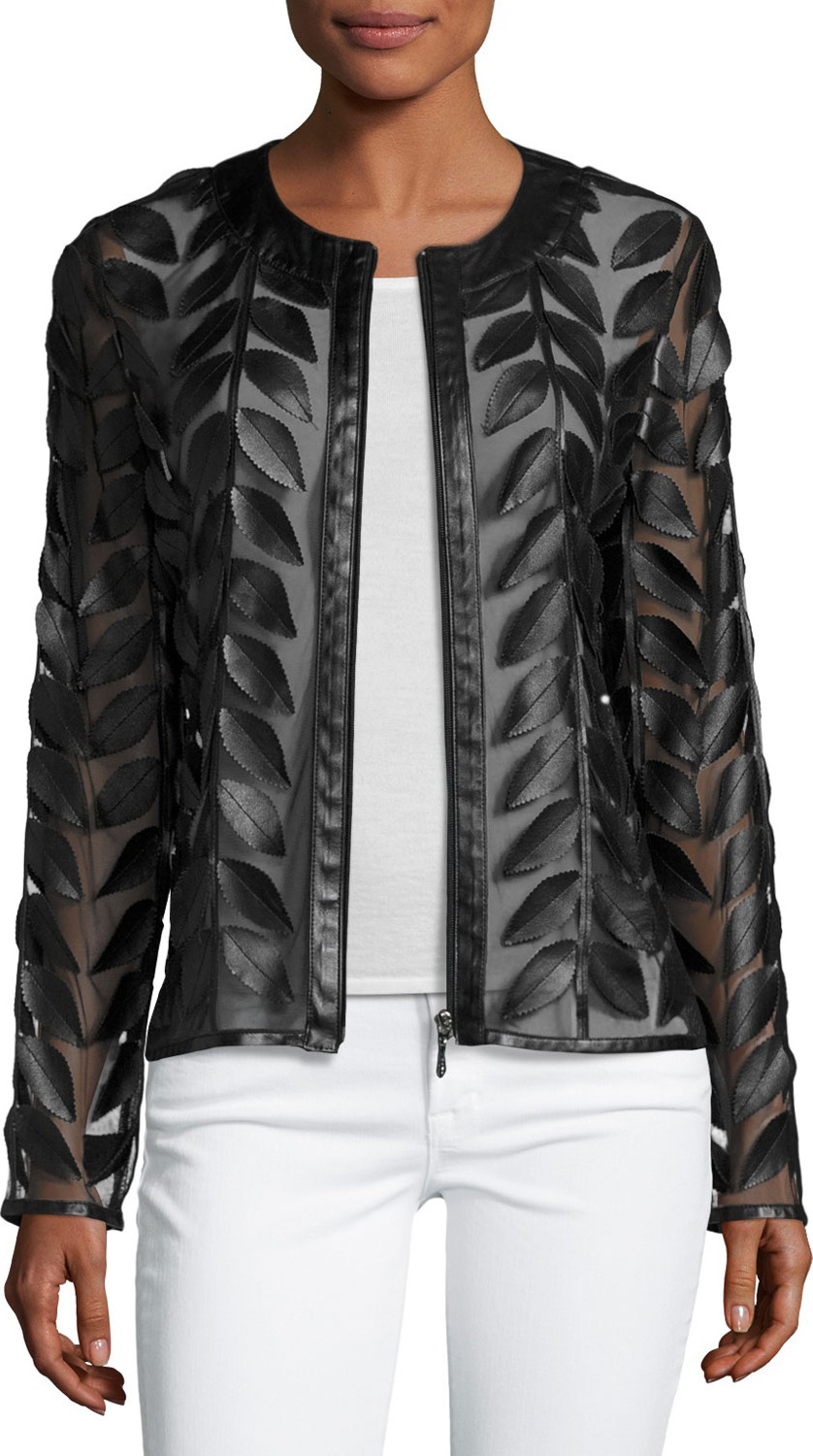 Neiman Marcus Leather Leaf-Trimmed Sheer Organza Jacket, Black