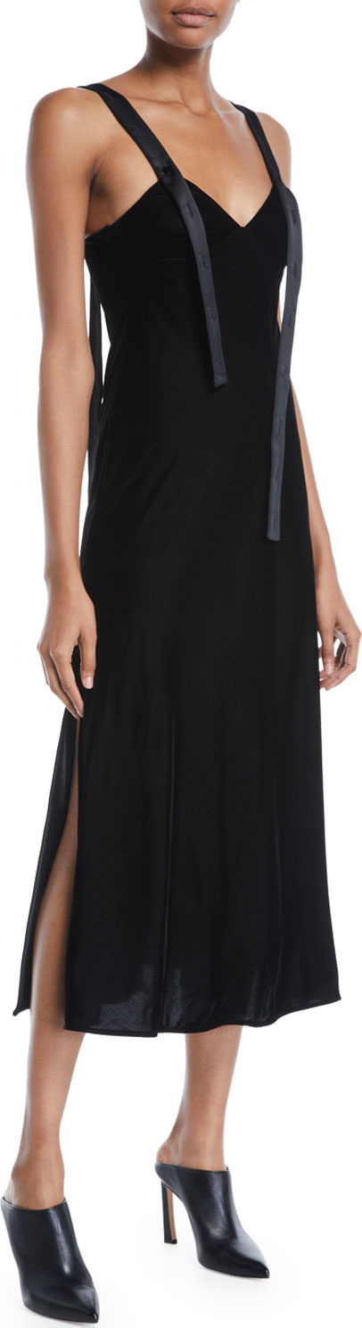 Off White V-Neck Strap-Detail A-Line Velvet Midi Cocktail Dress