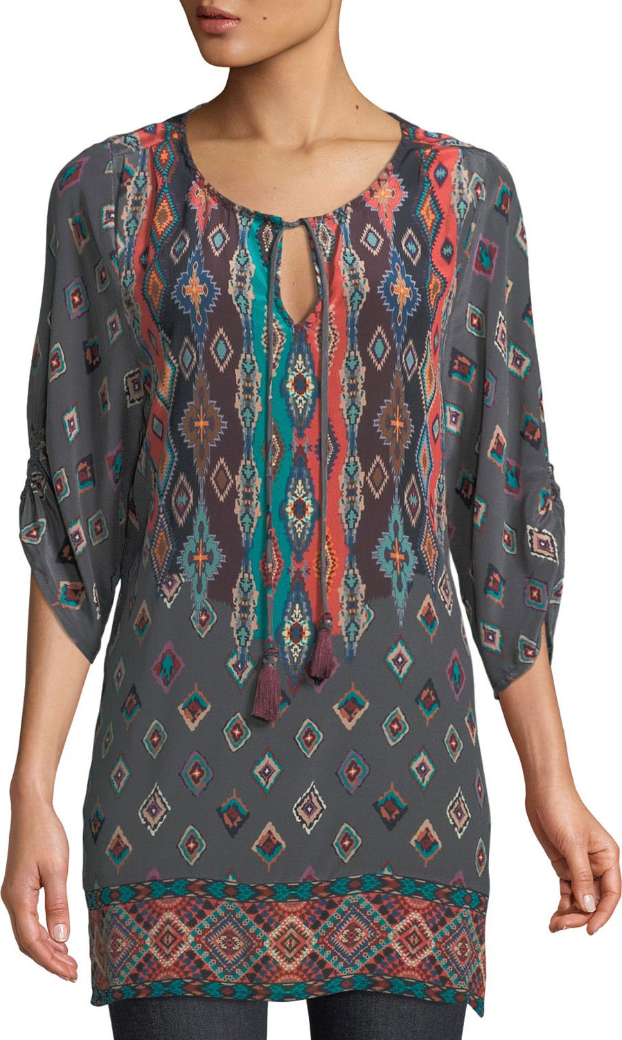 Tolani Saylor Ruched-Sleeves Batik-Print Silk Tunic Dress