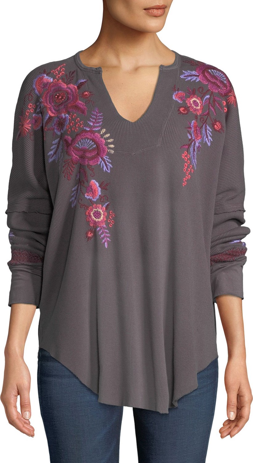 Johnny Was Marcella V-Neck Thermal Top with Floral Embroidery
