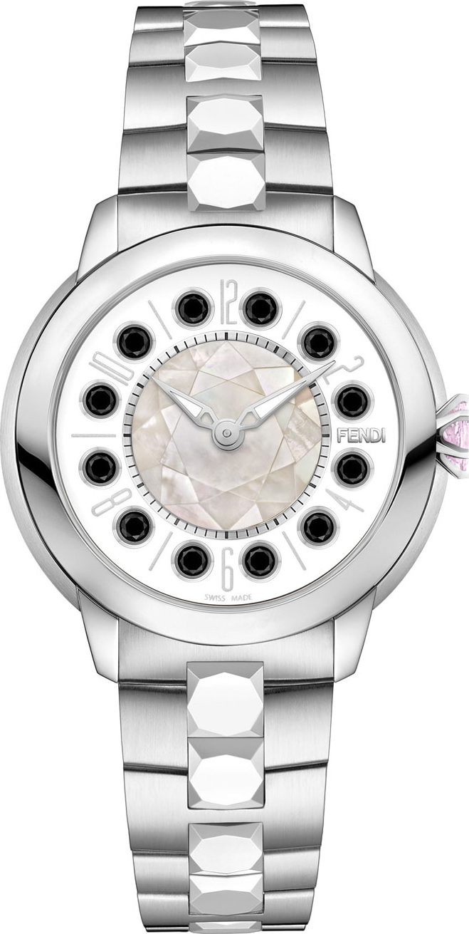 Fendi 38mm IShine Stainless Steel Bracelet Watch w/Pink Topaz & Black Spinel