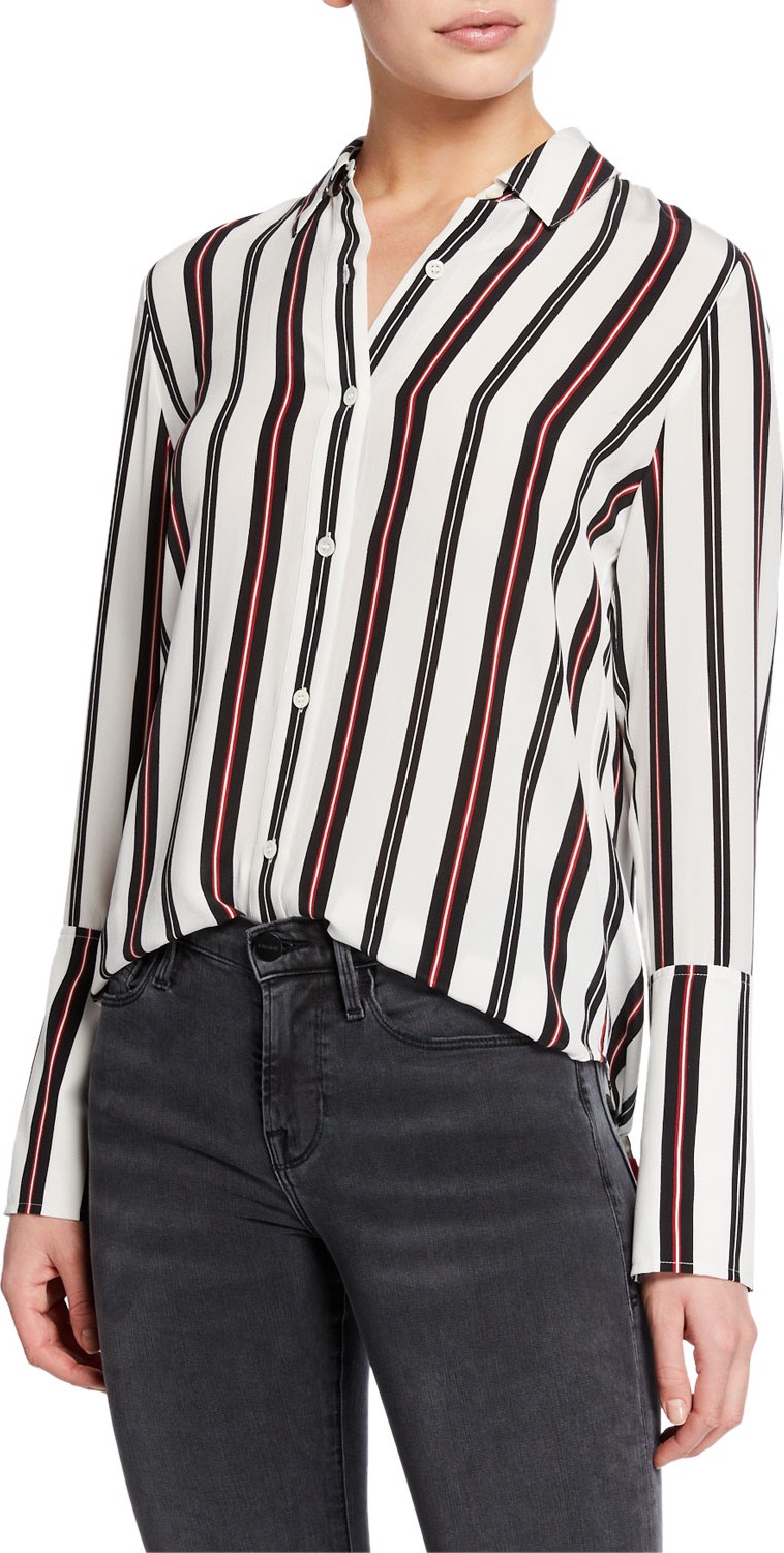 FRAME DENIM Striped Button-Front Cuffed Silk Blouse