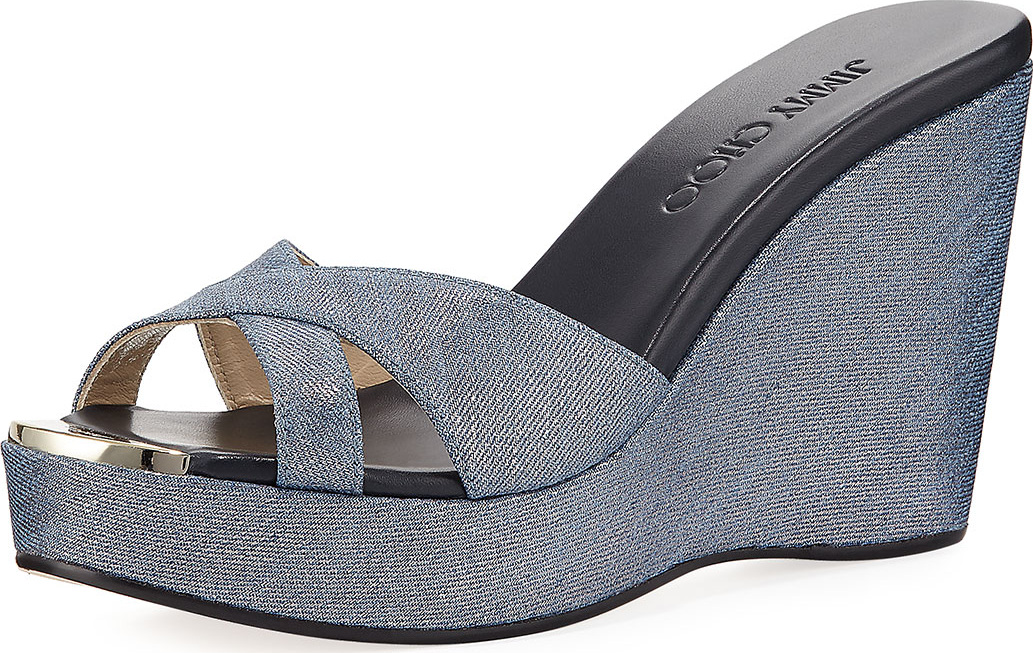 Jimmy Choo Pandora Metallic Denim Wedge Sandal
