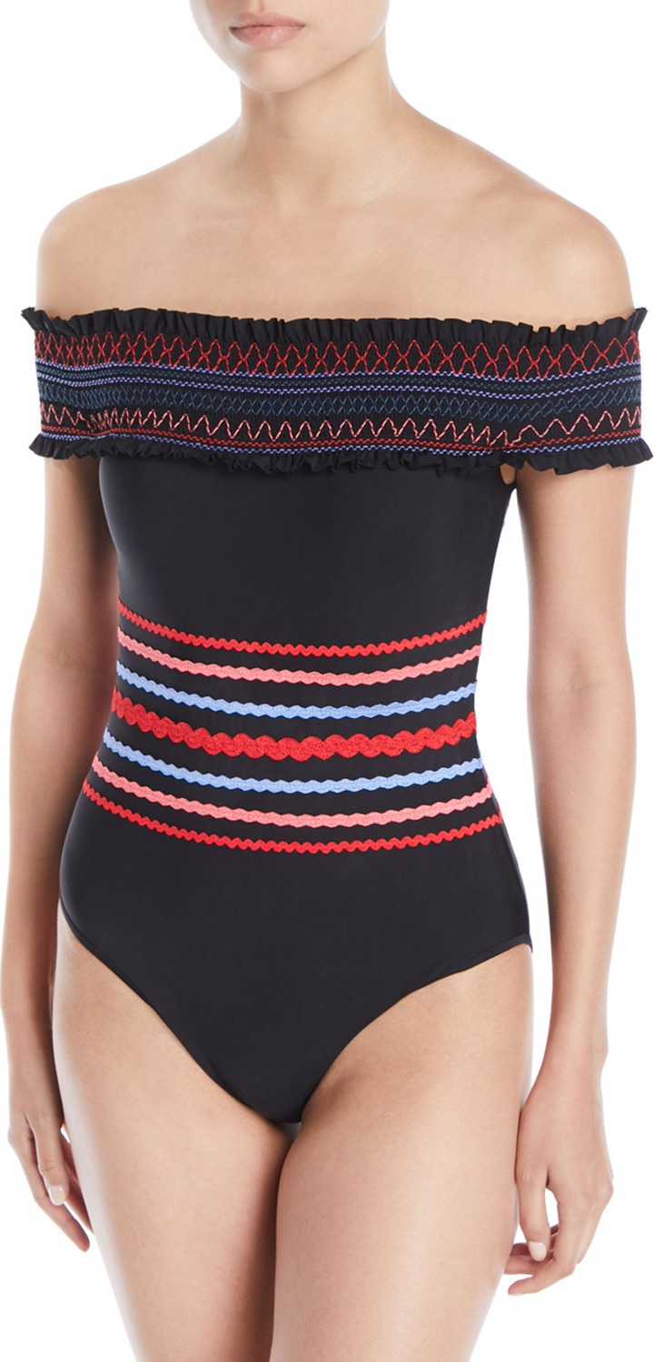 Red Carter Smocked Off-the-Shoulder One-Piece Swimsuit