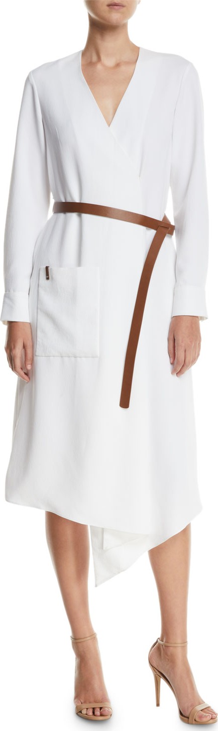 Tibi Draped Twill Midi Wrap Dress w/ Belt
