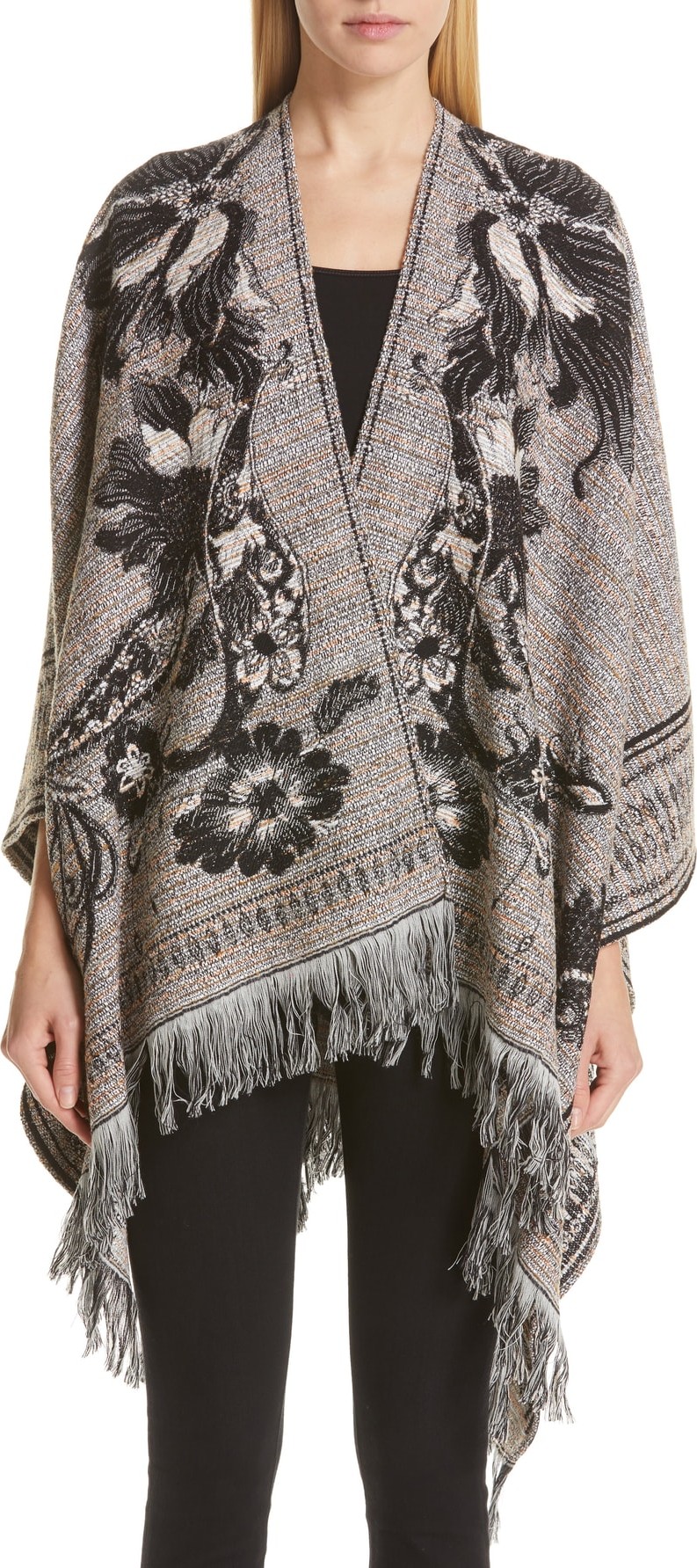 Etro Fringe Hem Wool Blend Tweed Cape