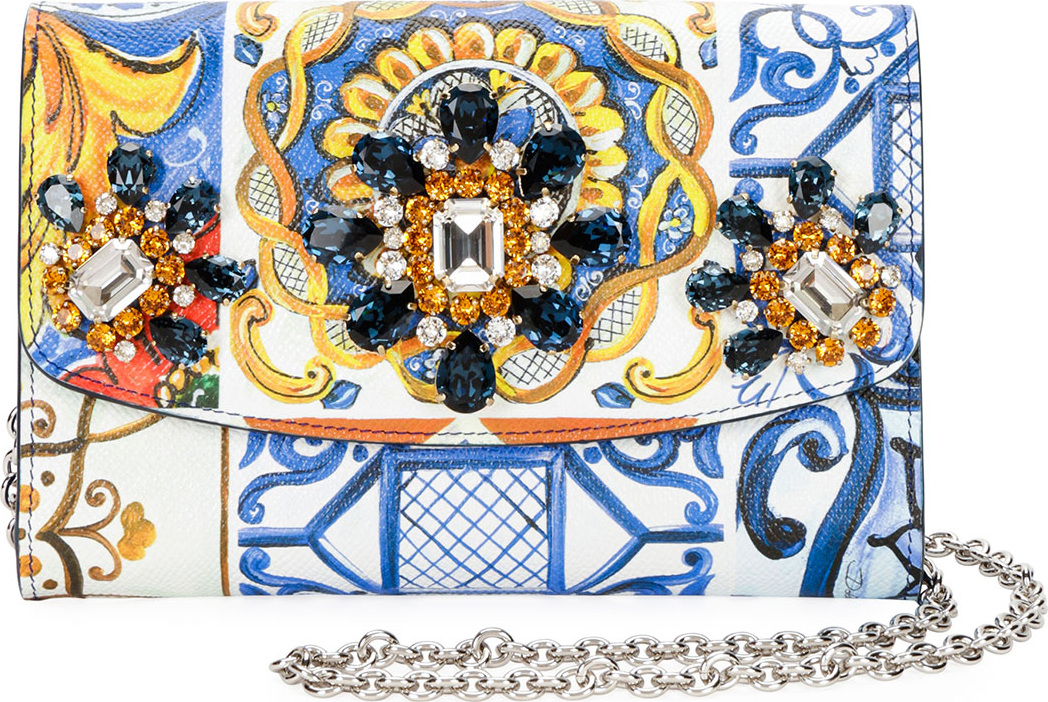 Dolce & Gabbana Jeweled Printed Leather Wallet On A Chain