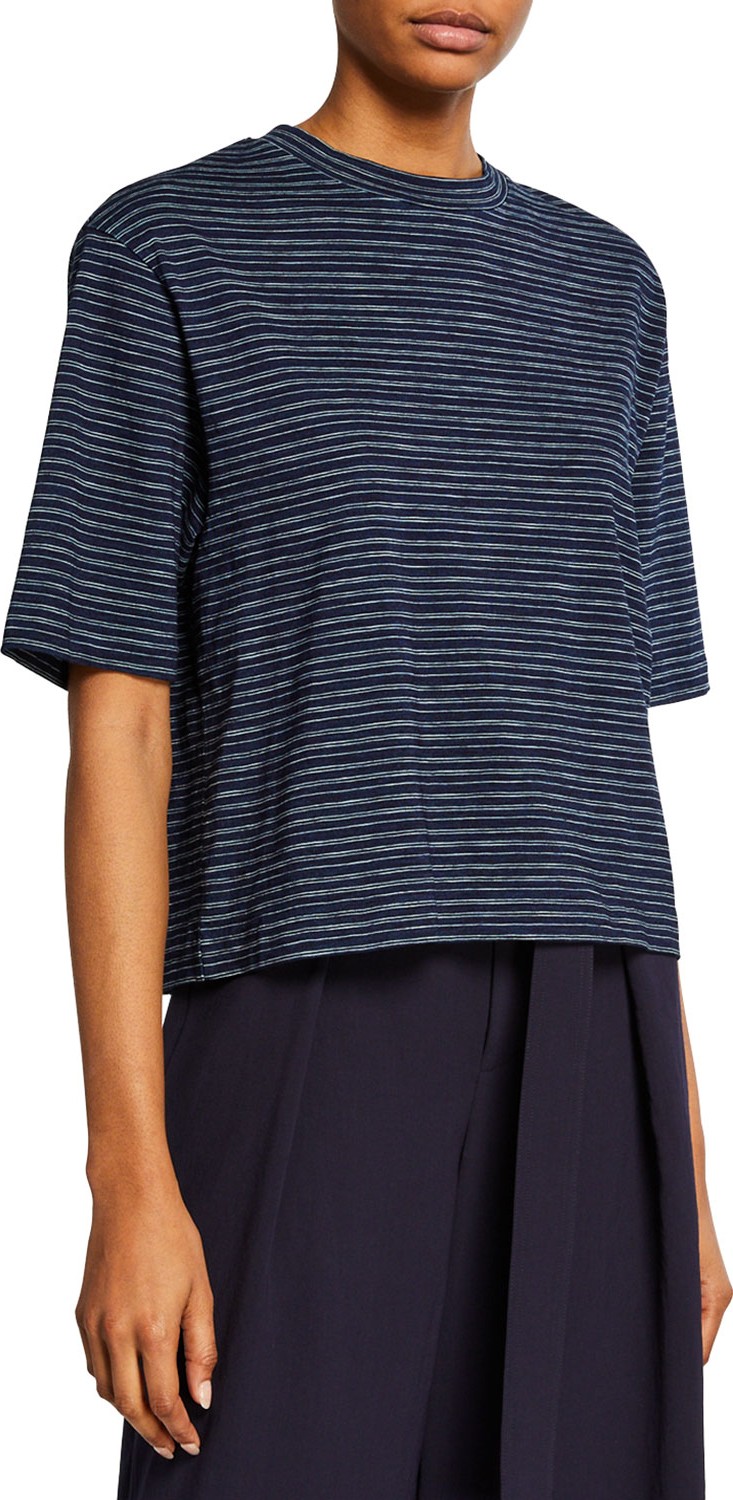 Vince Indigo-Striped Crewneck Wide-Sleeve Cropped Tee