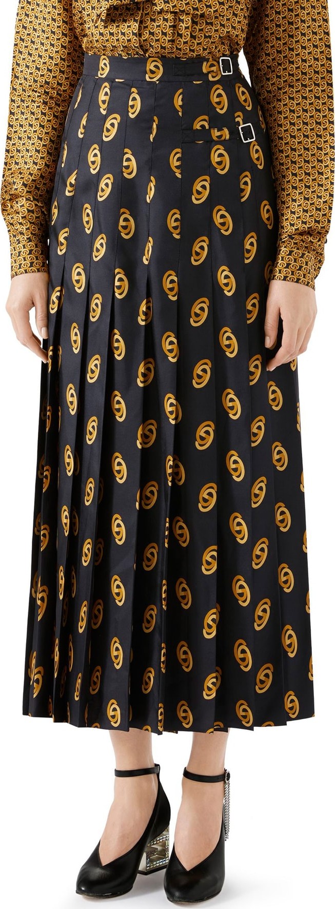 Gucci Pleated GG Silk Twill Skirt