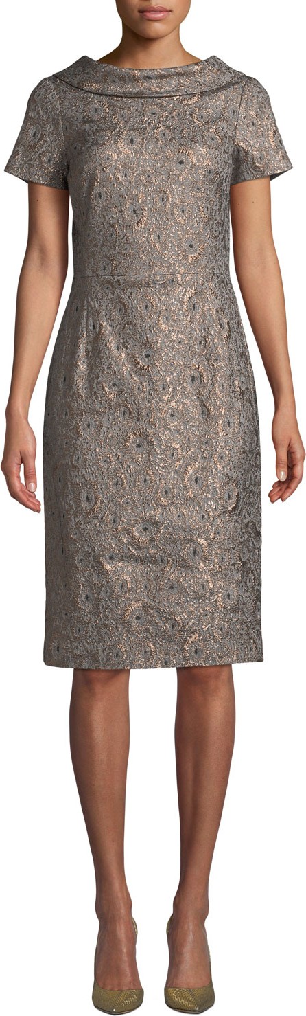 Rickie Freeman for Teri Jon V-Back Metallic Jacquard Dress