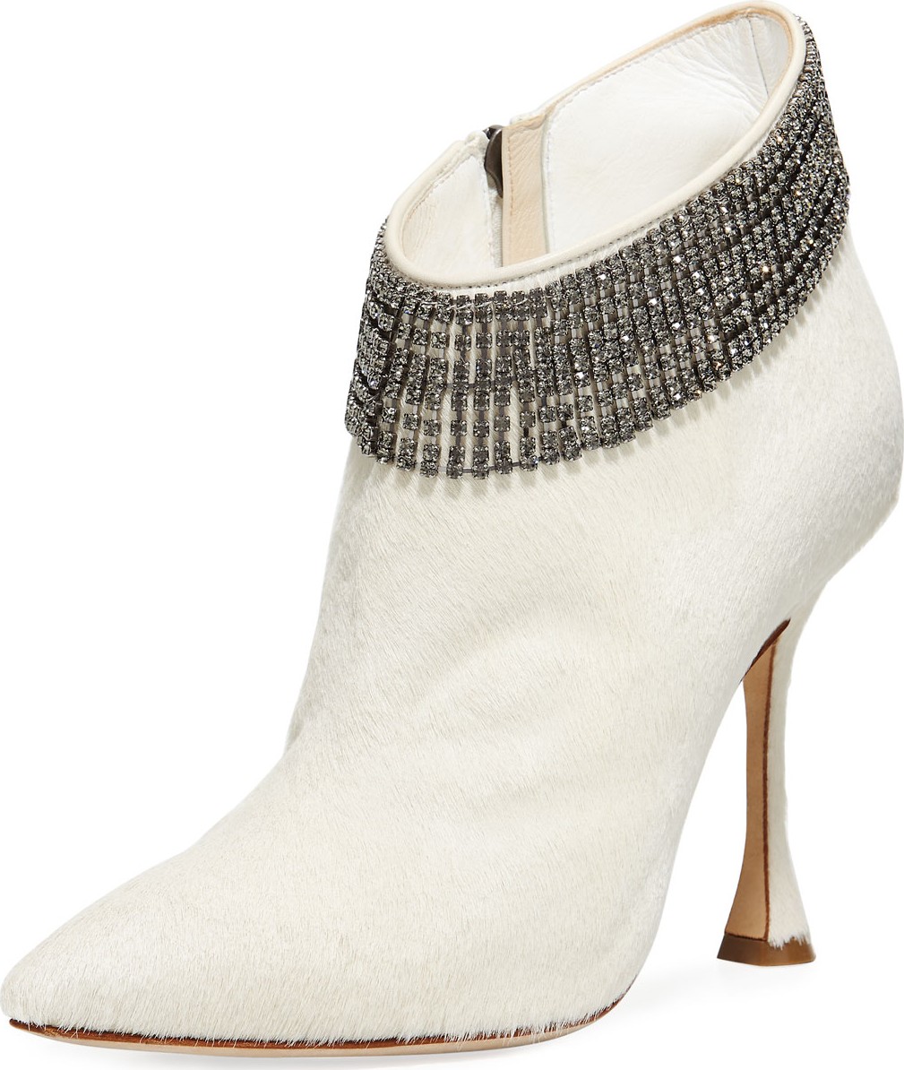 Manolo Blahnik Bomabi Calf Hair and Crystal Booties
