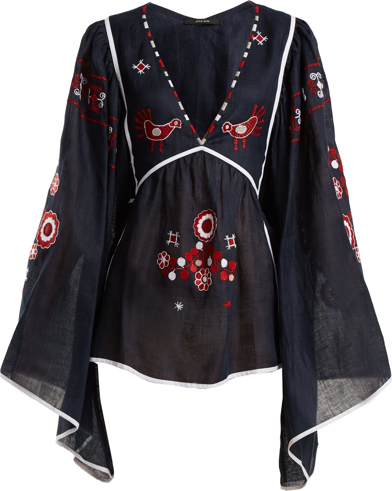 Vita Kin Country bird and floral-embroidered linen top