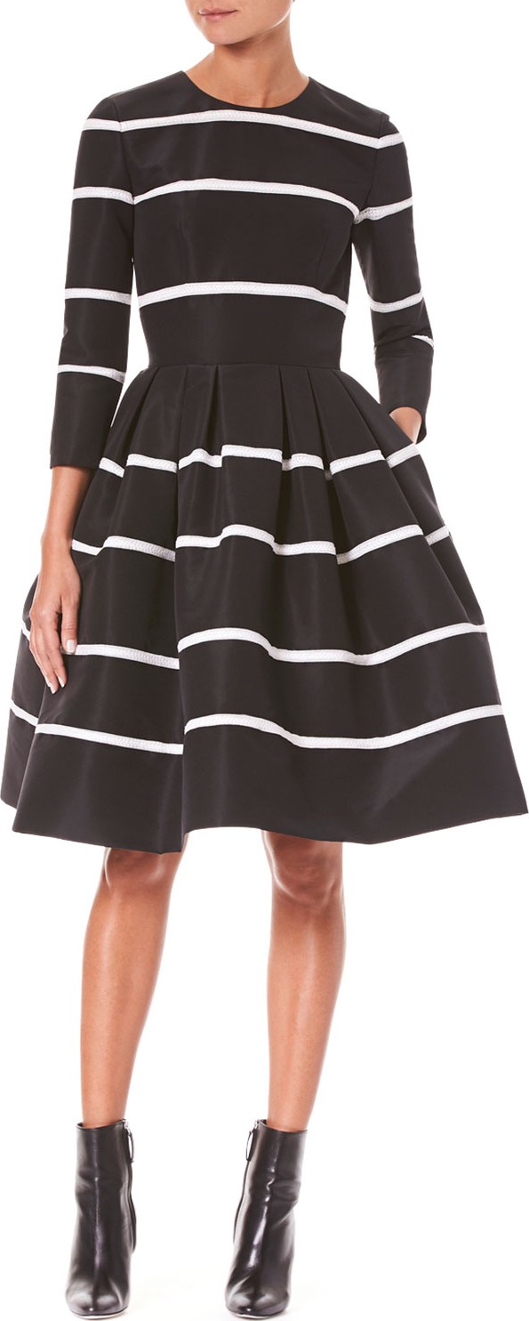 Carolina Herrera Three-Quarter Sleeve Fit-and-Flare Striped Cocktail Dress