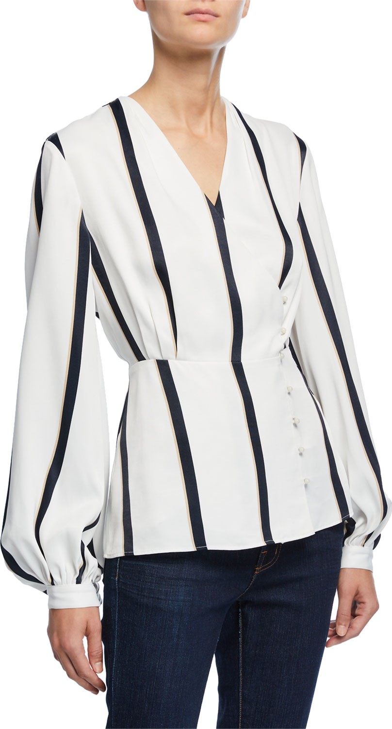 Equipment Alaine Striped Surplice-Neck Bishop-Sleeve Top