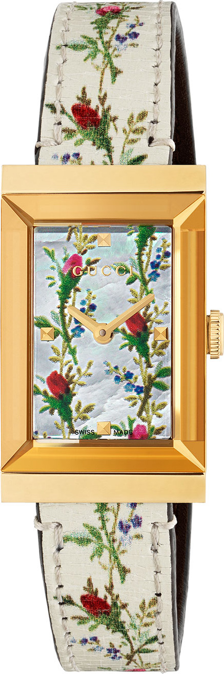 Gucci G-Frame Rectangular Floral-Print Watch w/ Leather Strap