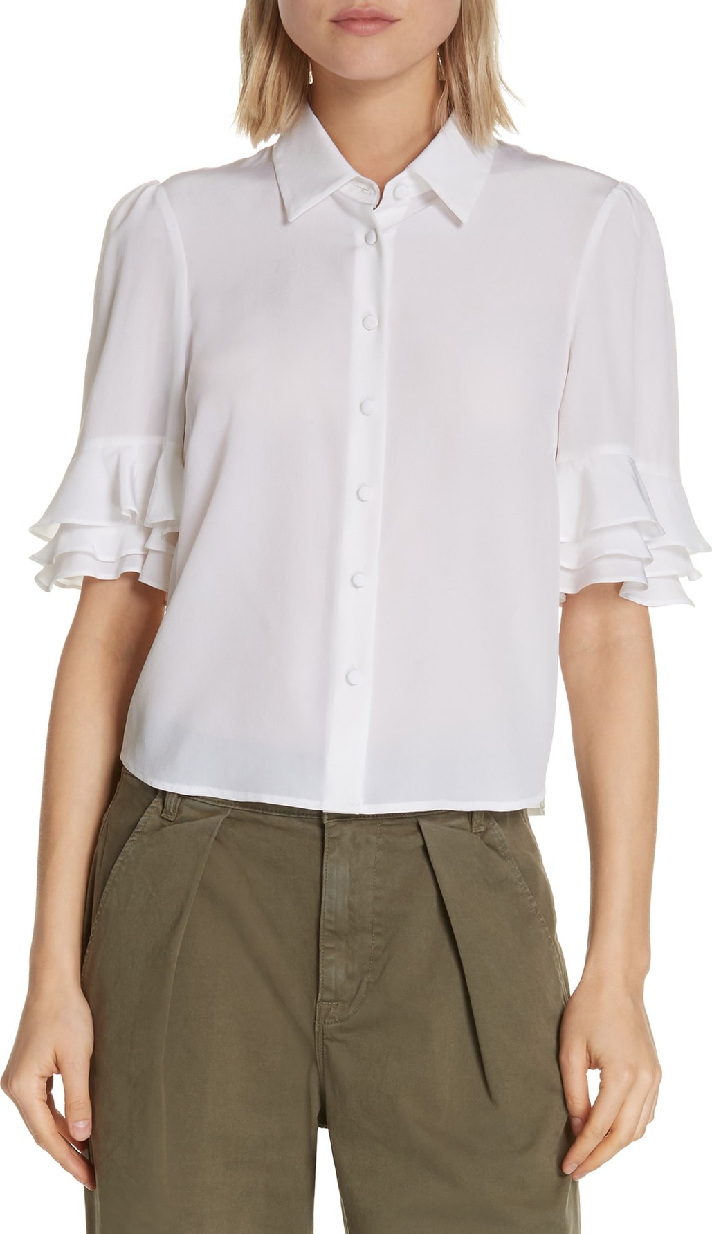 FRAME DENIM Ruffle Sleeve Silk Top