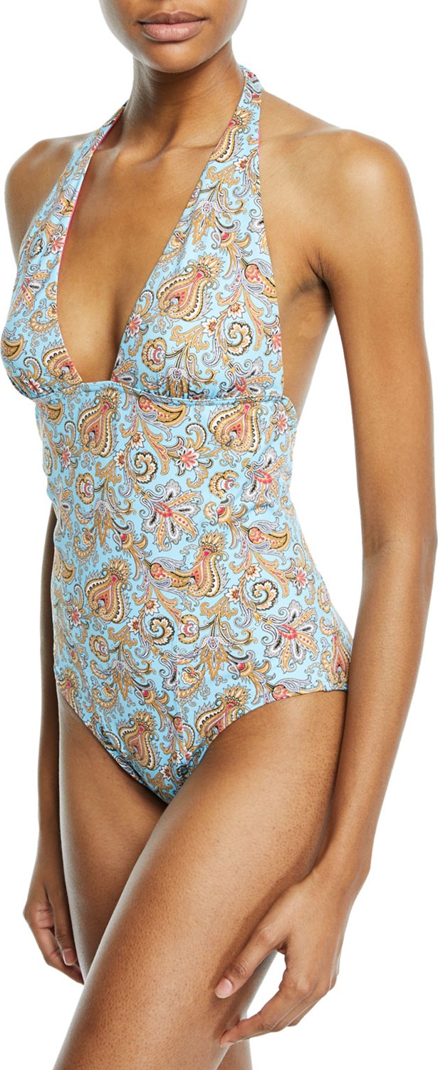 Etro Paisley Printed Plunging Halter One-Piece Swimsuit