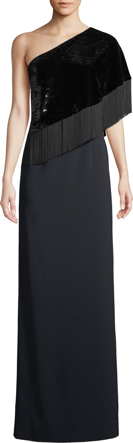 Sachin & Babi Kezia 1-Shoulder Sequin & Fringe Gown