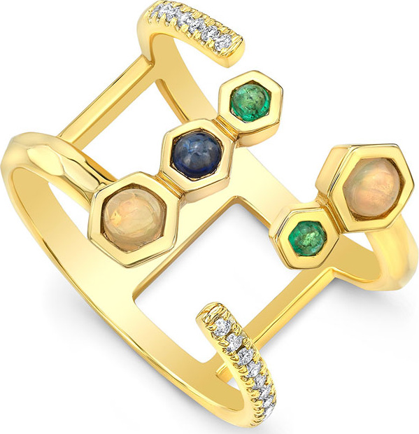 Ron Hami 14k Gold Open-Front Ring with Hex-Set Stones, Size 7