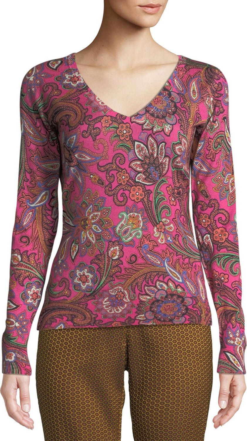 Etro V-Neck Long-Sleeve Paisley-Print Silk-Cashmere Sweater