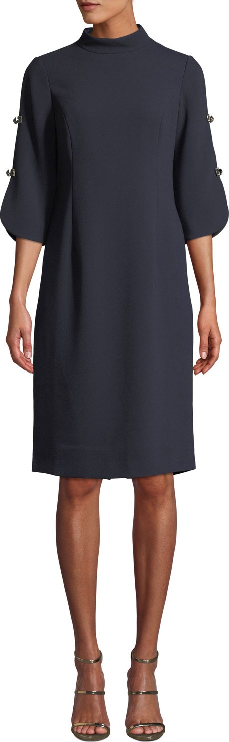 Rickie Freeman for Teri Jon Button-Sleeve Crepe Mock-Neck Dress