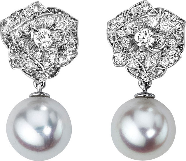 Piaget 18K White Gold Diamond Rose & Akoya Pearl Drop Earrings