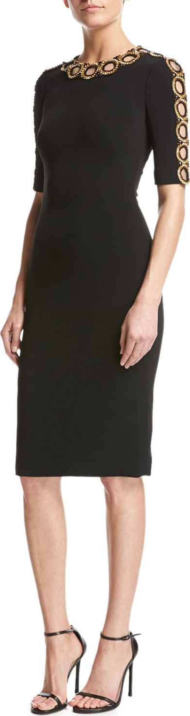 Jenny Packham Half-Sleeve Beaded Cutout Dress