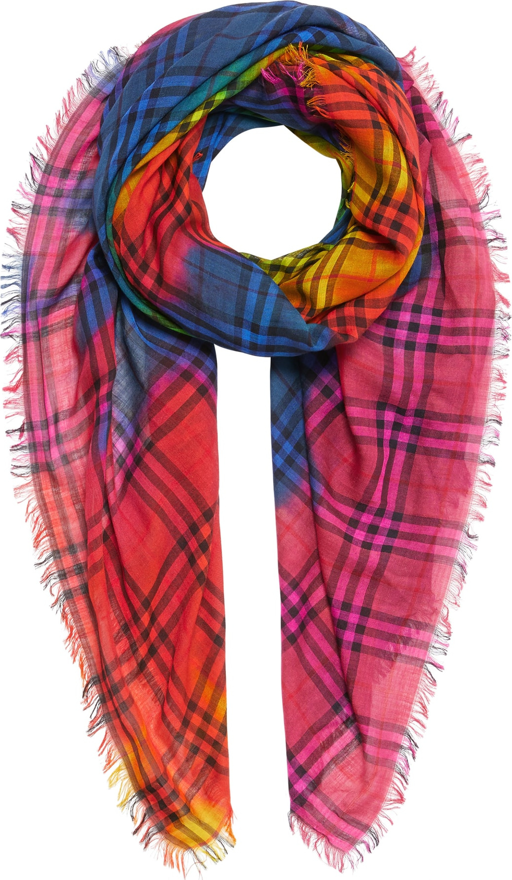 Burberry London England Rainbow Tie Dye Vintage Check Wool & Silk Scarf