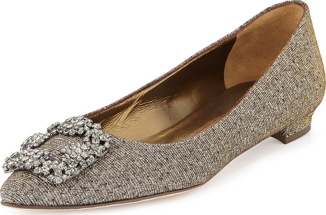 Manolo Blahnik Hangisi Metallic Fabric Buckle Flat