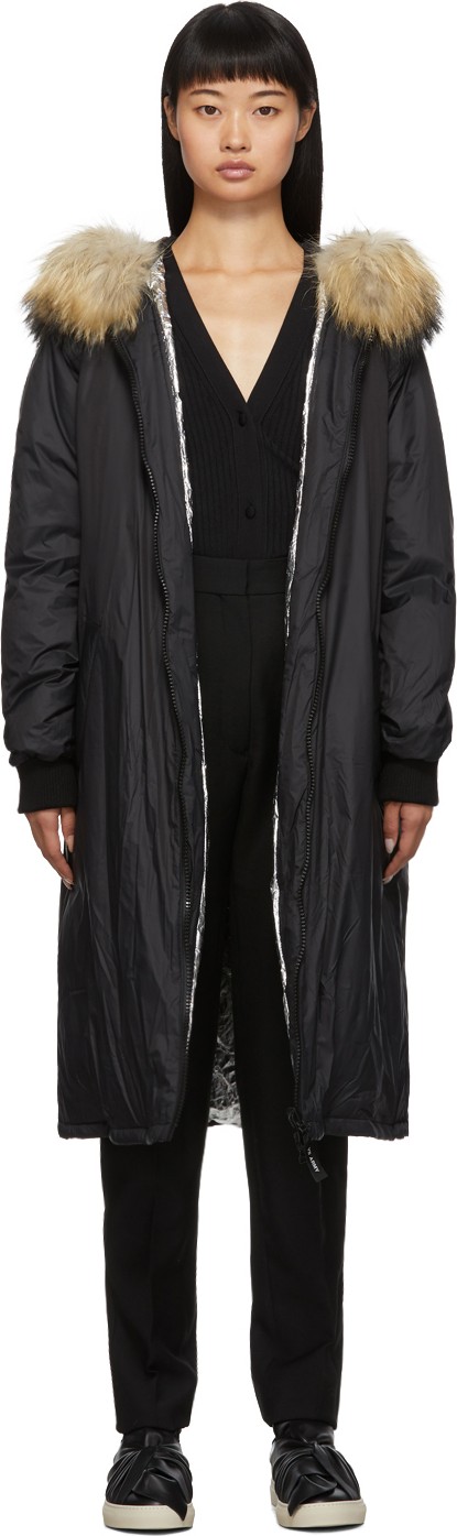Army By Yves Salomon Black Down & Fur Hooded Coat