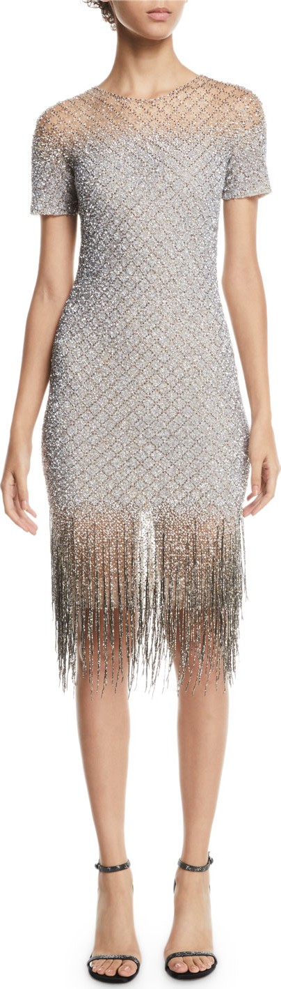 Pamella Roland Signature Sequin Body-con Cocktail Dress w/ Fringe Hem