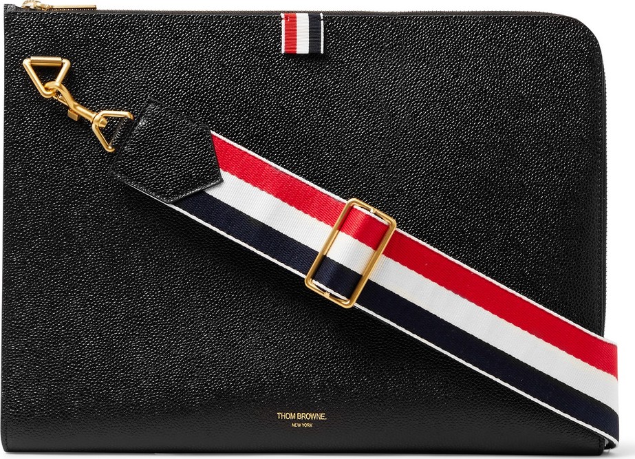 Thom Browne Striped Grosgrain-Trimmed Pebble-Grain Leather Zip-Around Pouch