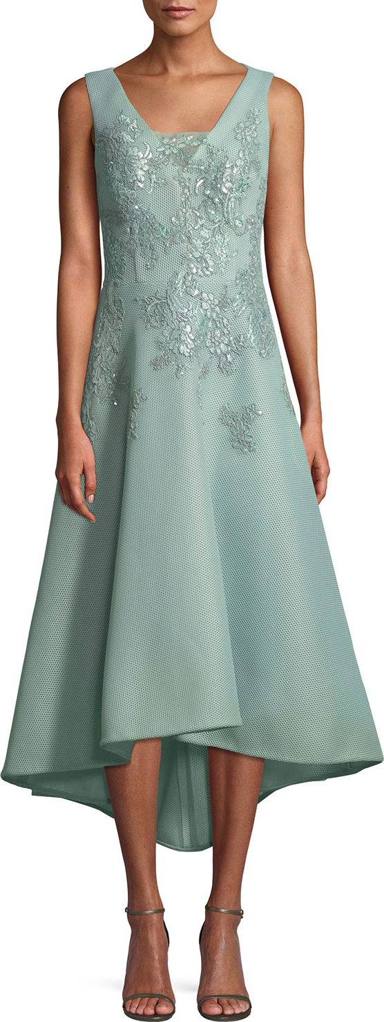 Rickie Freeman for Teri Jon Neoprene Cocktail Midi Dress w/ Floral Appliqués