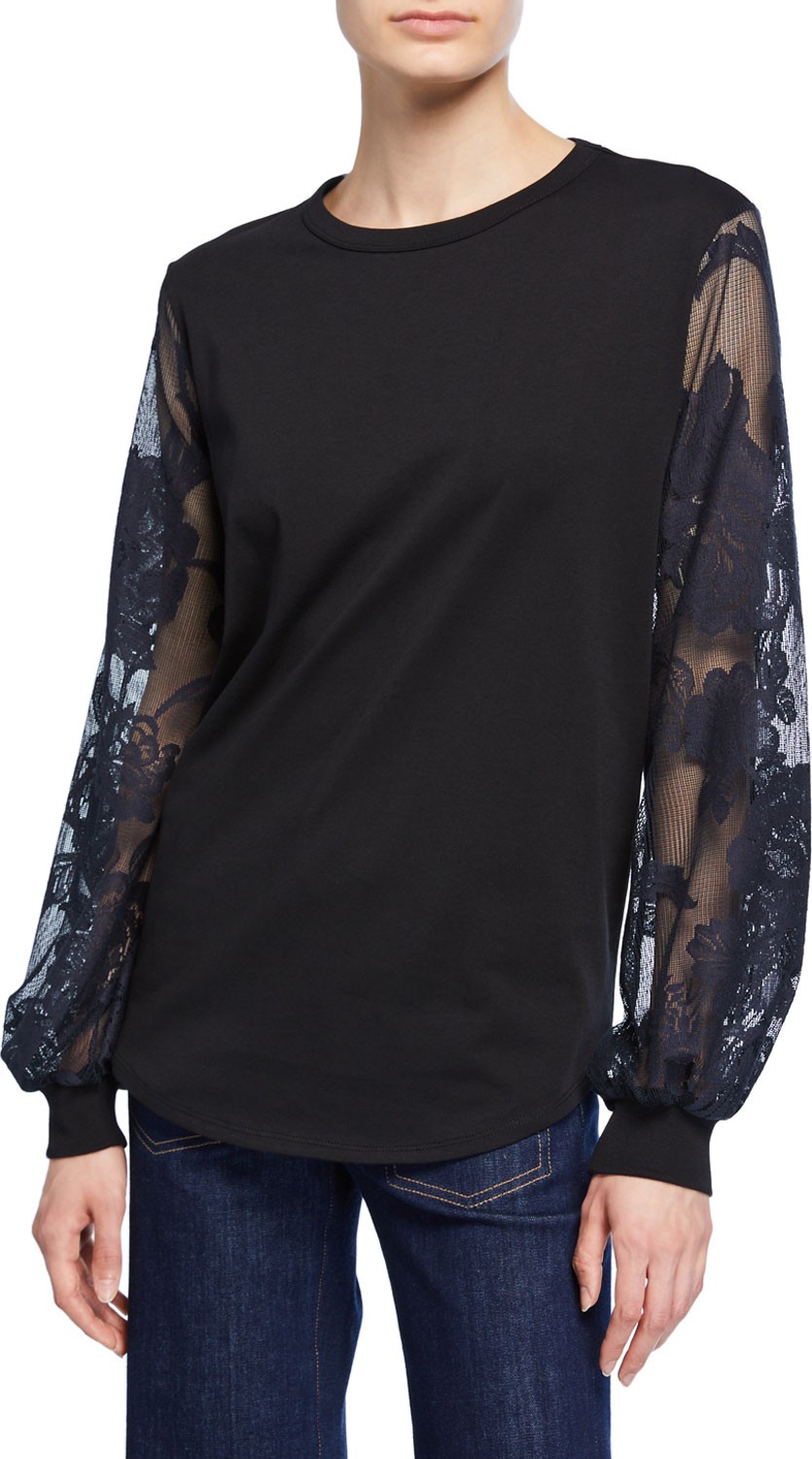 See By Chloé Crewneck Embroidered Long-Sleeve Cotton Tee