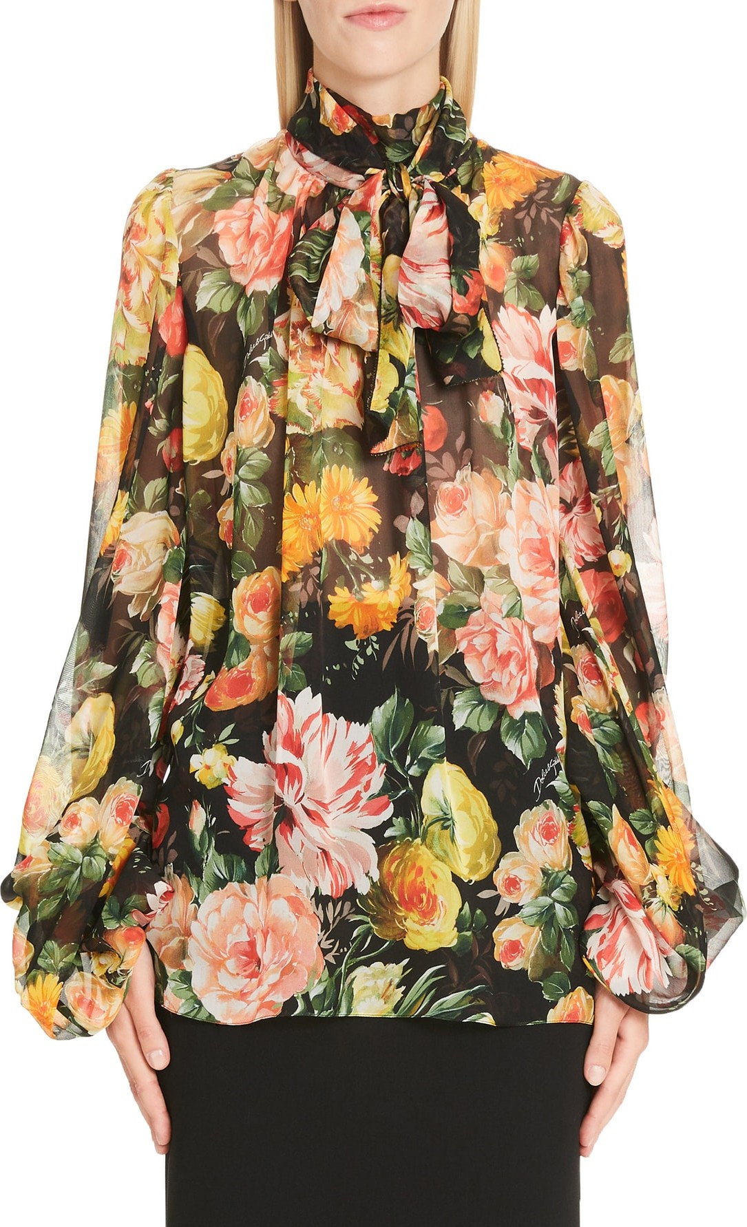 Dolce & Gabbana Floral Print Tie Neck Chiffon Blouse