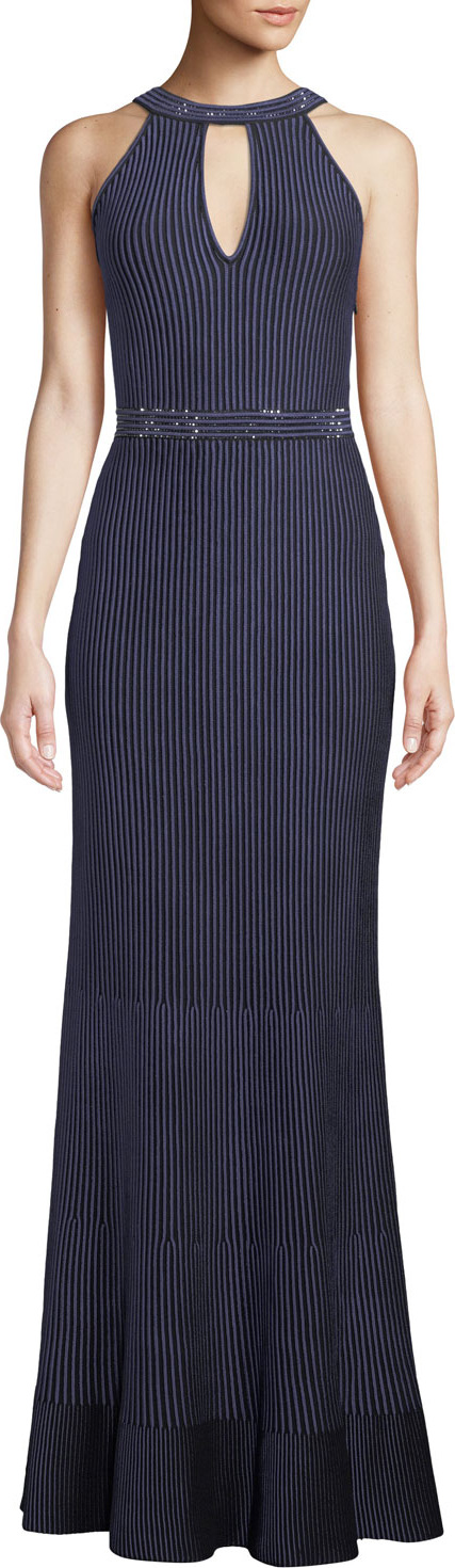 St. John Halter-Neck Sleeveless Luxe Ottoman Knit Evening Gown w/ Sequins