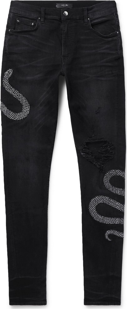 Amiri Skinny-Fit Appliquéd Distressed Stretch-Denim Jeans