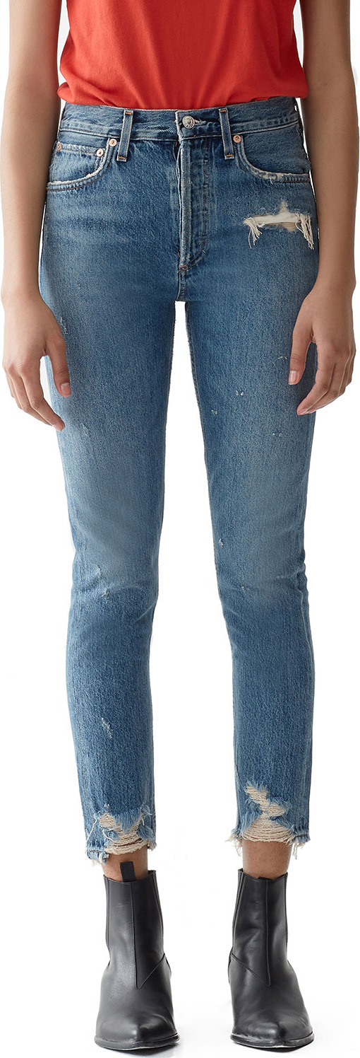 Agolde Jamie High-Rise Distressed Skinny Jeans with Chewed Hem