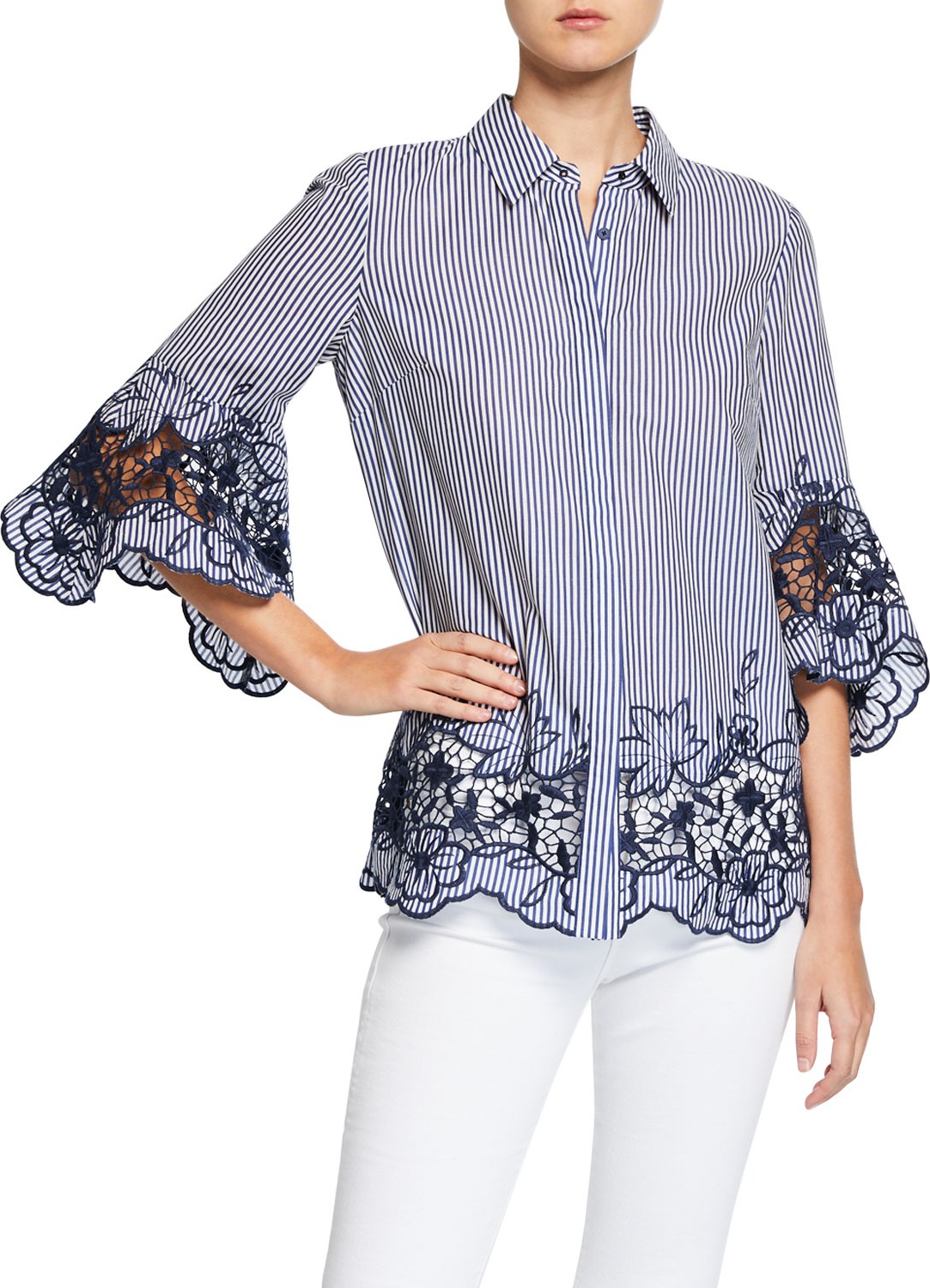 Elie Tahari Clark Striped Button-Down Shirt with Embroidered Lace Insets