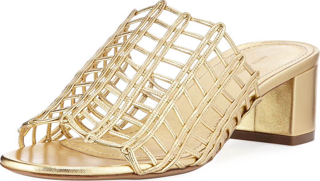 Mansur Gavriel Grid Metallic Leather Cutout Block-Heel Mule Slide Sandal