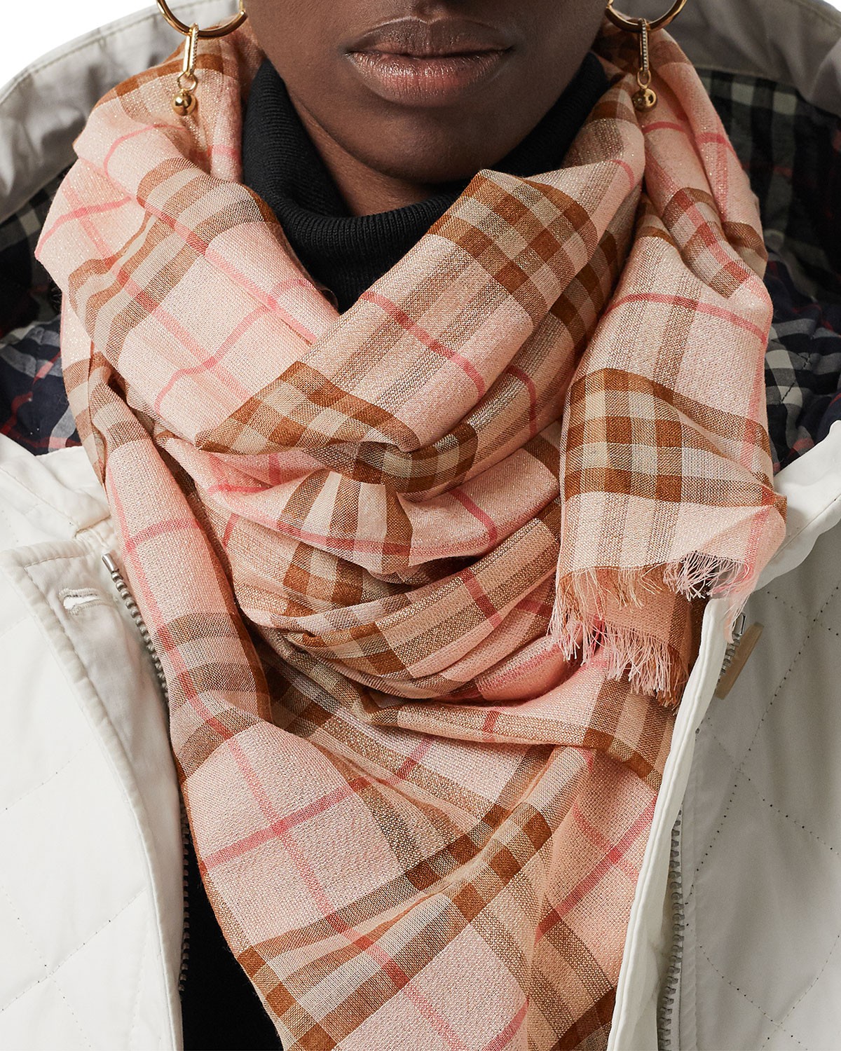 Burberry London England Metallic Vintage Check Gauze Scarf