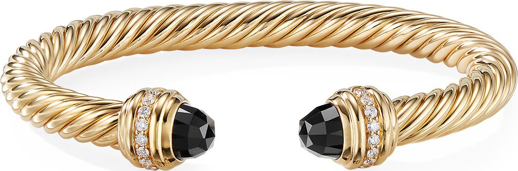 David Yurman 18k Gold Cable Bracelet w/ Onyx & Diamonds, Size L