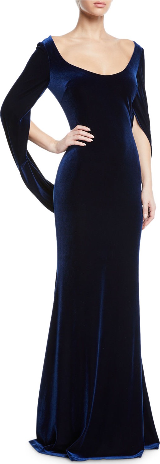 Badgley Mischka Velvet Cowl-Sleeve Gown